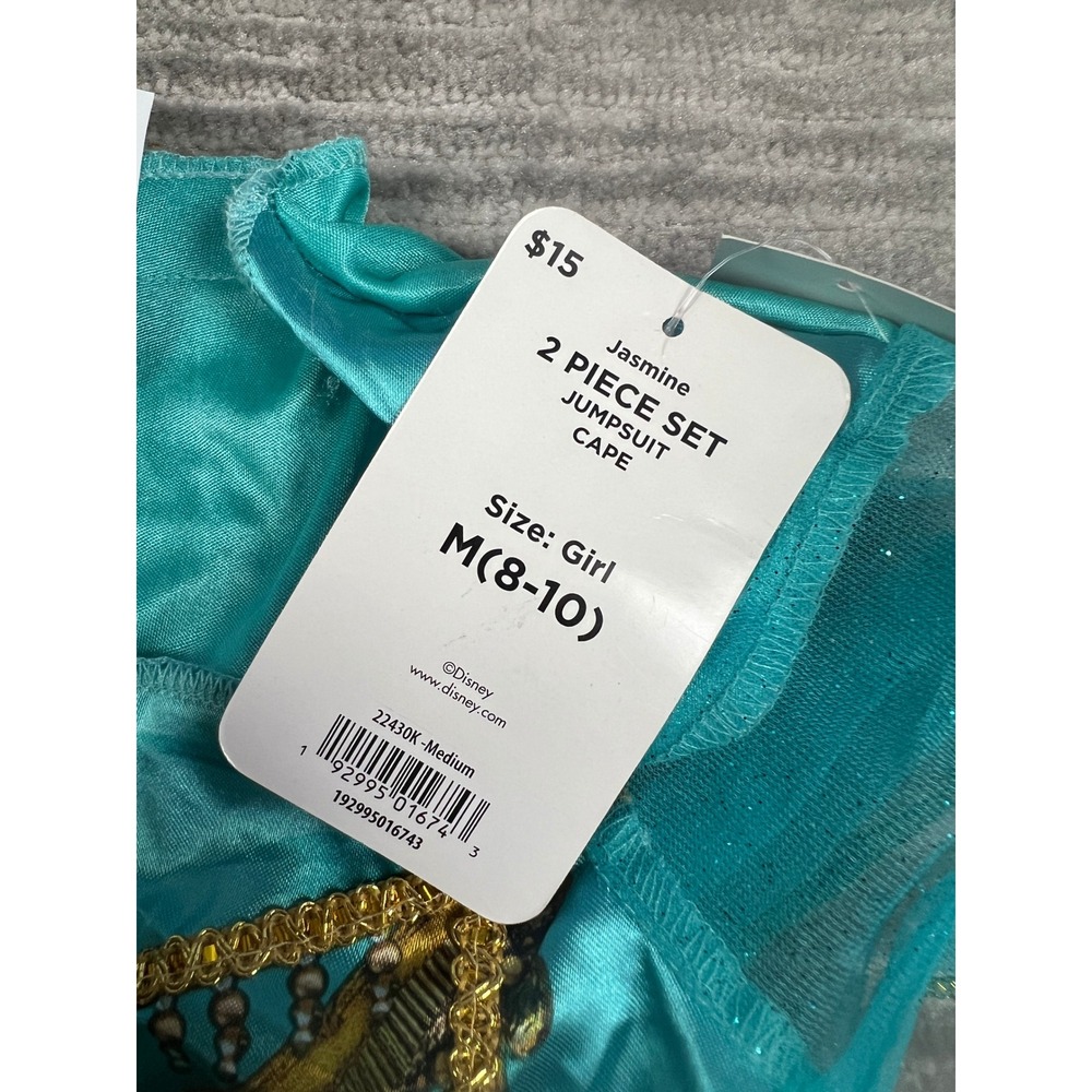 Disney Costume Girls M 8-10 Teal Aladdin Jasmine Peacock Jumpsuit Cape 2pc Set - Picture 9 of 12